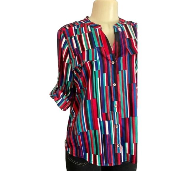 Calvin Klein Print Top Blouse with Roll Sleeves size M. - Picture 5 of 9